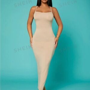 SHEIN Tan Ribbed Bodycon Maxi Dress